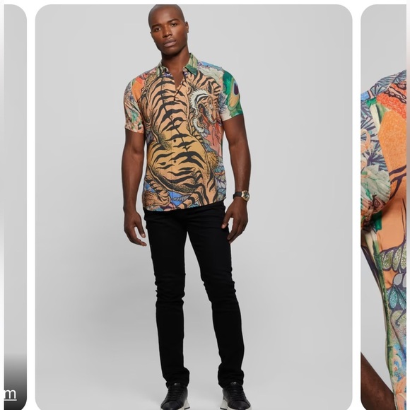 Men’s Guess Tiger Eco Bonsai Button Front Short Sleeve Button Down Shirt Small - Picture 2 of 11